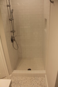 New bathroom shower bathroom shower - New bathroom shower with white ceramic subway style tiles. Drain was offset from the center of the shower for better and more comfortable shower experience.